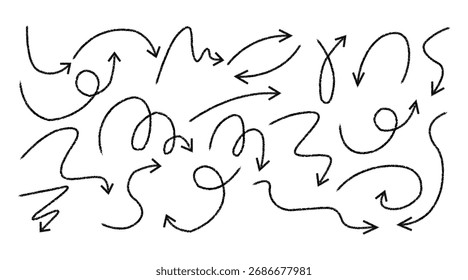 Formas abstratas desenhadas à mão com setas curvas e linhas de loop.
