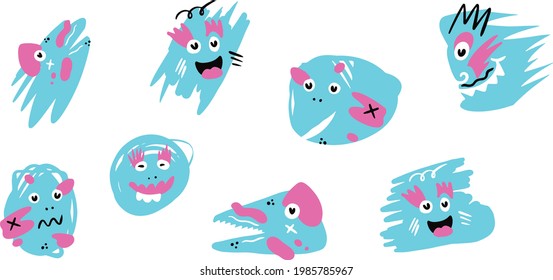 Hand-drawn Abstract shapes, funny cute characters. Big Set of Different colored Vector illustrations. Cartoon style. fabric pattern. Flat vector. comic