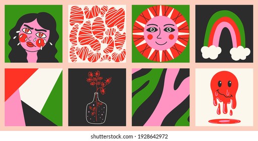 Hand-drawn abstract shapes. Large set of multicolored vector illustrations. Cartoon, psychedelic style. Flat design. All elements are isolated. Square posters, logo templates.