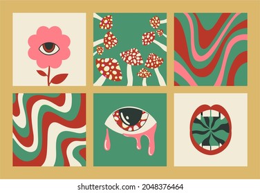 Hand-drawn abstract shapes. Large set of multicolored vector illustrations. Cartoon, psychedelic style. Flat design. All elements are isolated. Square posters, logo templates.