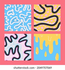 Hand-drawn abstract shapes. Large set of multicolored vector illustrations. Cartoon, psychedelic style. Flat design. All elements are isolated. Square posters, logo templates.