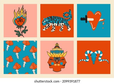 Hand-drawn abstract shapes .. Large set of multicolored vector illustrations. Cartoon style. Flat design. All elements are isolated. Square posters, logo templates