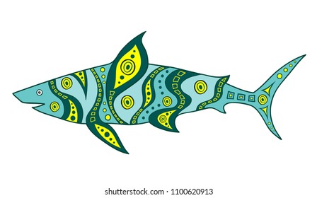 Hand-drawn abstract shark. Vector fish painted in ethnic style. Doodle Shark.