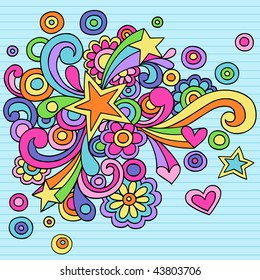 Hand-Drawn Abstract Star Psychedelic Notebook Doodles on Lined Paper Background- Vector Illustration