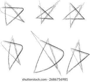 Hand-drawn abstract star shapes set, rough sketch doodle stars, irregular geometric outlines with artistic pencil texture, creative minimal black and white design elements isolated on white background