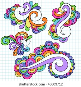 Hand-Drawn Abstract Swirls Psychedelic Notebook Doodles on Lined Paper Background- Vector Illustration