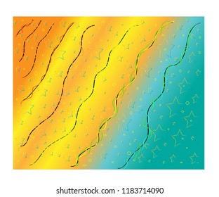 Hand-drawn abstract texture background with yellow-blue color transitions and elements of stars and circles