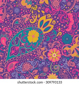 Hand-drawn abstract tribal vintage ethnic paisley ornament. Retro pattern can be used for wallpaper, pattern fills,web page background,surface textures, textile, indian wedding - stock vector 