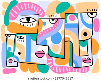 Hand-drawn abstract vector art reminiscent of Picasso's Cubism, portraying human facial portraits with bold black lines. Ideal for adorning your walls, posters, cards, home decor, and prints.