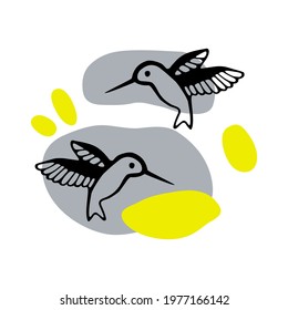 Hand-drawn abstract vector illustration of a bird. Grey and yellow