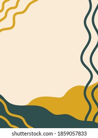 Hand-drawn abstract vector illustration in trending colors. Golden, blue-green lines, spots on a light pink background.