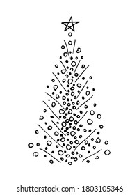 Hand-drawn abstract vector ink drawing. New Year tree in the snow, balls, star. For prints of cards, invitations, labels. Christmas design.