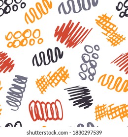 Hand-drawn abstract vector seamless pattern. Colored bright orange, gray doodles on a white background. For prints of fabric, textile products, packaging.