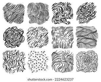 Texturas vectoriales abstractas dibujadas a mano. Patrones gráficos mínimos en forma de fenómenos naturales, clima, nieve, lluvia, gotas, sequía, olas.