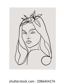 Hand-drawn Abstract Woman Portrait Illustration In Picasso Style. Linear Face. Trendy Vector Art Print. Decorative Poster For Home Decor. 