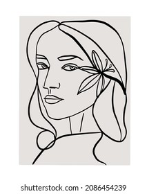 Hand-drawn Abstract Woman Portrait Illustration In Picasso Style. Linear Face. Trendy Vector Art Print. Decorative Poster For Home Decor. 