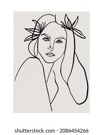 Hand-drawn Abstract Woman Portrait Illustration In Picasso Style. Linear Face. Trendy Vector Art Print. Decorative Poster For Home Decor. 