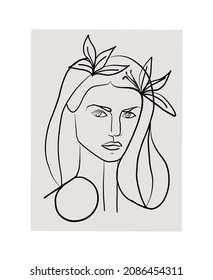 Hand-drawn Abstract Woman Portrait Illustration In Picasso Style. Linear Face. Trendy Vector Art Print. Decorative Poster For Home Decor. 