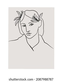 Hand-drawn Abstract Woman Portrait Illustration In Picasso Style. Linear Face. Trendy Vector Art Print. Decorative Poster For Home Decor. 