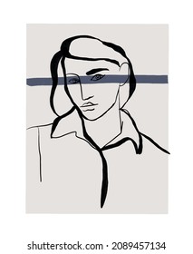 Hand-drawn Abstract Woman Portrait Illustration In Picasso Style. Linear Face. Trendy Vector Art Print. Decorative Poster For Home Decor. 