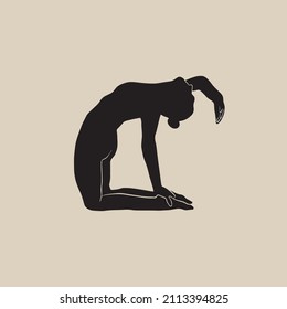 Hand-drawn abstract yoga woman. Silhouette of female body in minimalistic style. Scandinavian art. Design in trendy style for poster, yoga and meditation studio. 