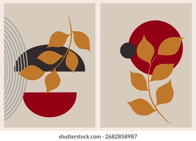 Hand-drawn abstraction. Background image with geometric shapes and golden plants. Images for backgrounds, posters, paintings, posters, and covers.