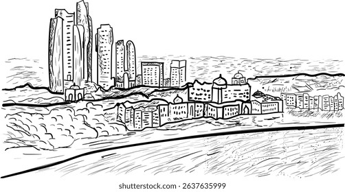 Hand-drawn Abu Dhabi skyline featuring UAE landmarks, modern towers, domes, and cityscape elements in a sketch style.