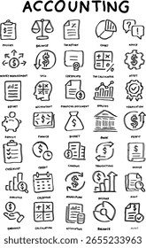 Hand-drawn accounting icon set featuring finance, budget, taxes, calculator, report, and business planning elements. Ideal for infographics, websites, and financial presentations.
