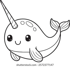 Hand-drawn ado kawaii-style whale with a magical horn, designed as a charming coloring page, illustrates it for children's books, educational materials, coloring books, posters, and greeting cards.