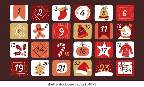 Calendário do Advento desenhado à mão. Botões coloridos bonitos decorados com elementos de Natal e itens sazonais. Números 1 a 24.