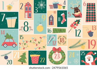 Hand-drawn Advent calendar for winter holidays. Christmas Advent Calendar. Vector illustration in cartoon style