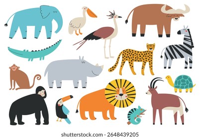 Hand-Drawn African Animals and Birds – Cute Vector Set for Kids