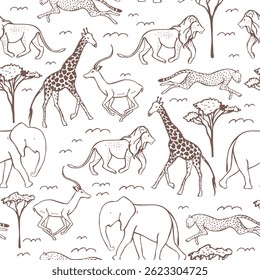 Hand-drawn african animals  on white  background. Vector seamless pattern.