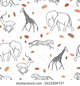 Hand-drawn african animals  on white  background. Vector seamless pattern.