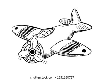 Handdrawn airplane doodle icon. Hand drawn black sketch. Sign cartoon symbol. Decoration element. White background. Isolated. Flat design. Vector illustration.