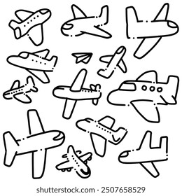 Hand-Drawn Airplane Doodle Set | Cute Line Art Illustrations of Various Aircraft for Aviation, Travel, and Design Projects
