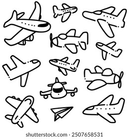 Hand-Drawn Airplane Doodle Set | Cute Line Art Illustrations of Various Aircraft for Aviation, Travel, and Design Projects