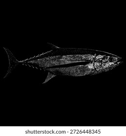 Handgezeichnete Albacore Tuna Vektorgrafik mit detaillierter Linienführung und strukturierter Schattierung. Ideal für das Branding von Meeresfrüchten, für Fischereidesigns, Meeresbiologieprojekte, Vintage-Prints und Stockillustrationen mit einem klassischen Gravierstil.