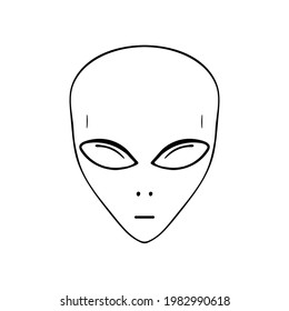 Hand-drawn alien face icon.UFO picture, flying saucer pilot.Doodle style,simple minimalist drawing.Fantasy cosmic sketch,line art.Isolated.Vector illustration