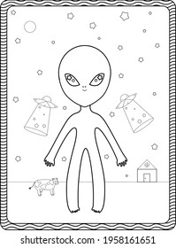 hand-drawn alien person with spaceships and stars outdoors with a cow and house in the background. Coloring book page. 