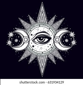 Hand-drawn All-seeing eye is on the circle with two moons and a starninght sky. Religion philosophy, spirituality, occultism, chemistry, science, magic.Isolated vector illustration.