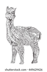 Hand-drawn alpaca with ethnic floral doodle pattern. Coloring page - zendala, design for spiritual relaxation for adults, vector illustration, isolated on a white background. Zen doodles.