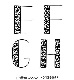 Hand-drawn alphabet with beautiful pattern.Letter E, F, G,H. Set 2/6. Vector, EPS 10.