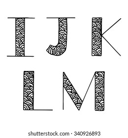 Hand-drawn alphabet with beautiful pattern.Letter I, J, K, L, M. Set 3/6. Vector, EPS 10.