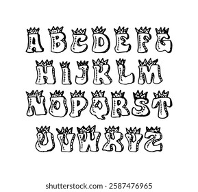 Hand-drawn alphabet with crowns playful doodle cartoon vector font.