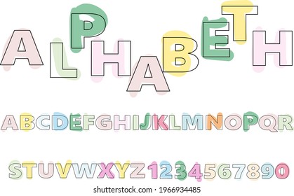 Hand-drawn alphabet in a crude, primitive style random pastel colors. Simple flat vector illustration