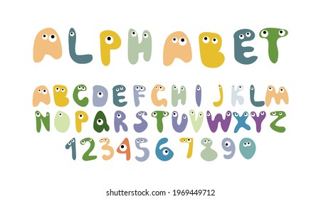 L'alphabet dessiné à la main dans un style primitif grossier, de mignons monstres aux yeux colorés de pastel aléatoires. Illustration vectorielle simple