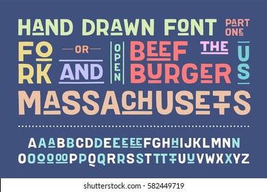 Hand-drawn alphabet and font. Bold, regular and medium uppercase letters, alternative characters. Hand-drawn sketch sans serif font for design, advertising, typographic. Part One. Vector Illustration