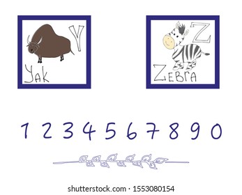 Hand-drawn alphabet, font, letters. Doodle ABC for kids with cute animal characters. Vector illustration, isolated on white background.