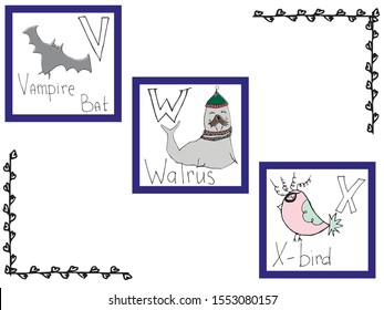 Hand-drawn alphabet, font, letters. Doodle ABC for kids with cute animal characters. Vector illustration, isolated on white background.